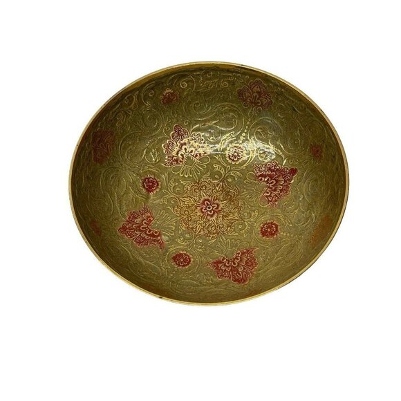 Vintage CLOISONNE Brass Bowl  ENAMEL Floral Motif - Picture 1 of 4